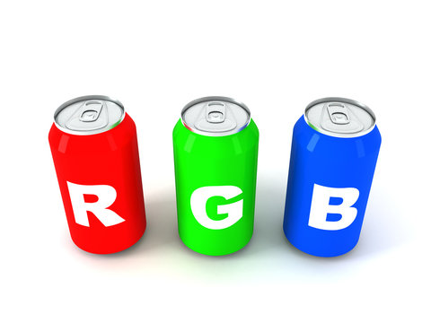 Three colored aluminum cans with letters RGB 3D render