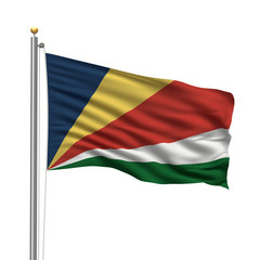 Fototapeta na wymiar Flag of Seychelles waving in the wind in front of white