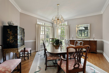 Dining room with gray carpet