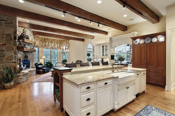 Kitchen with stone fireplace