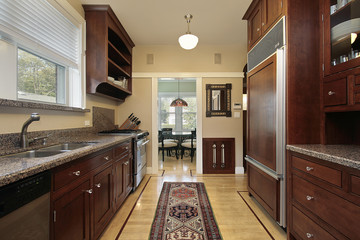 Kitchen with wood paneled refrigerator
