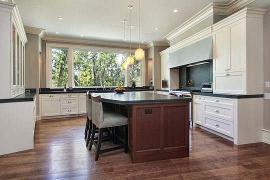 Kitchen with gray granite island