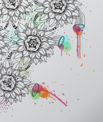 hand-drawn background with  fantasy flowers and paint drops