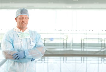 Portrait of surgeon doctor on hospital corridor