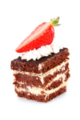 chocolate cake with cream and strawberry on white