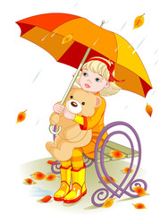 Petite fille et ours en peluche sous la pluie
