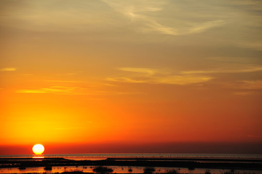 Sunset over Wadden Sea, North Sea, germany