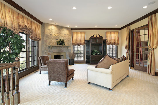 Family room with stone fireplace