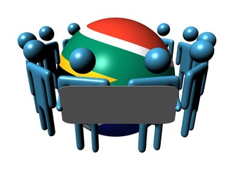 people with sign around South African flag sphere