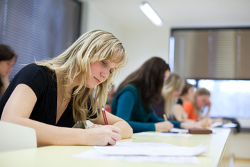 Fototapeta premium young pretty female college student sitting in a classroom full