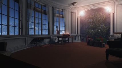 Der Schneemann schaut ins weihnachtliche klassische Zimmer
