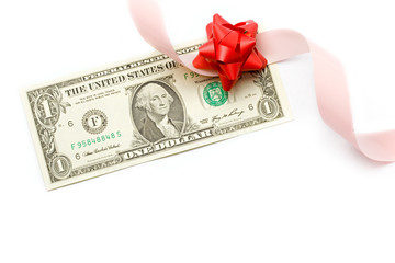 Dollar with holidays bow isolated on white