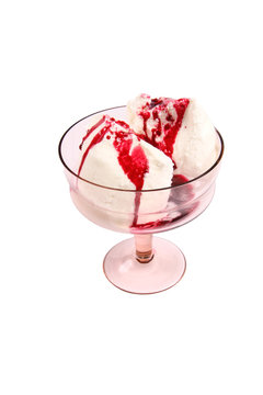 Ice Cream With Red Syrup In Glass Bowl