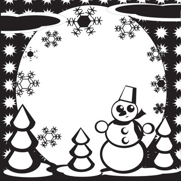 Winter: circle frame with snowman and fir-tree.