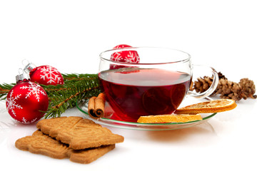 Glühwein Weihnachtspunsch Christbaumkugeln Orangenschalen Zimts