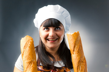 woman cook with breaked french bread