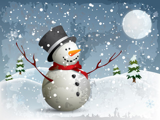 Snowman in a full moon night background