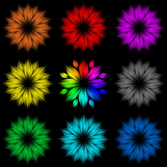 Set of abstract rainbow flowers on black background