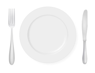 A plate, a knife and a fork. Vector.