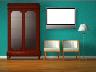 Cupboard with chairs and stand lamp with lcd tv