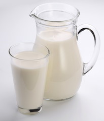 Glass and jar of milk. photo.