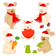 Vector set of cartoon little toy rabbit with gifts