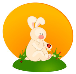 Vector cartoon little toy bunny with ladybird