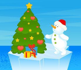 Vector cartoon little cute snowman with fir-tree