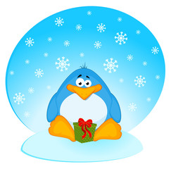Vector cartoon little penguin with gift