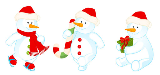 Vector cartoon little cute snowman with gift