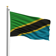 Flag of Tanzania waving in the wind in front of white background