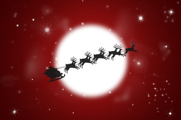 Naklejka premium Silhouette of Flying Santa and Christmas Reindeer