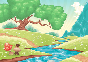 Cartoon landscape with stream. Vector illustration.