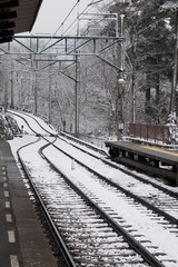 Mountain railway lines in deep fresh snow