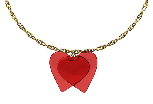 2 transparent hearts with a gold chain on white background isola