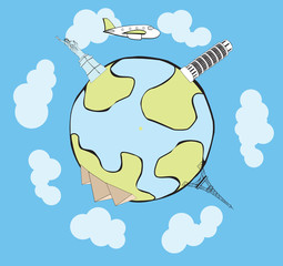 Vector airplane traveling around the globe