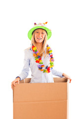 Happy Young Woman Inside a Box, Birthday Surprise
