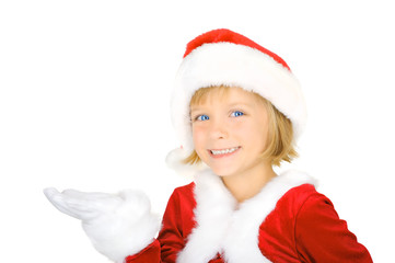 Cute little Santa is giving a gift