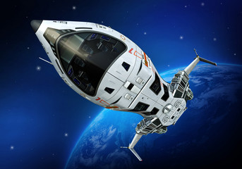 spaceship closeup upside down planet