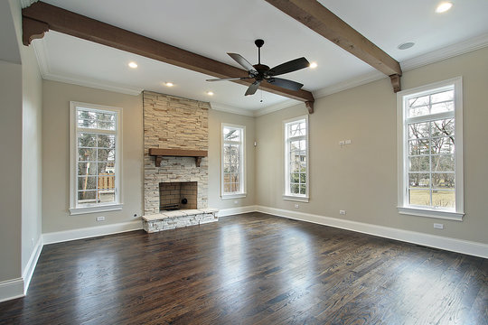 Family room with ceiling wood beams