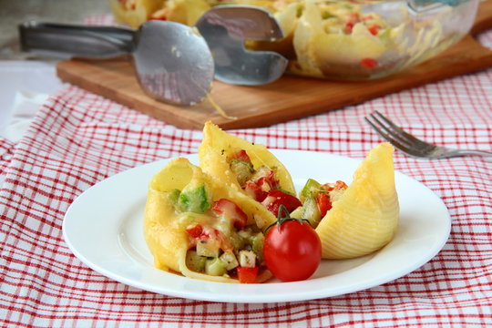 Stuffed Vegetables Pasta - Shells On A White Plate