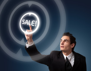 man pressing a touchscreen button