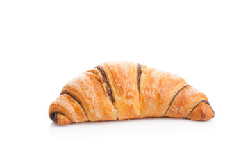 French croissant with chocolate on white background