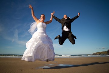 Wedding couple happy jump