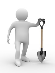 Man with bucket and shovel on white background. Isolated 3D imag