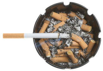 Cigarete in Dirty Ashtray