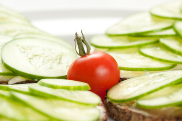small red tomate among pieces of rye bread with sliced cucumbers