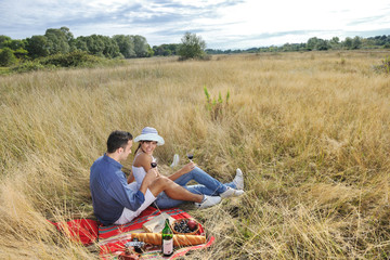 happy couple enjoying countryside picnic in long grass