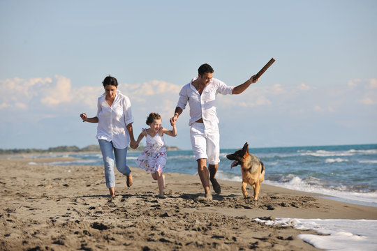 happy family playing with dog on beach