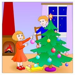 children preparing the christmas tree